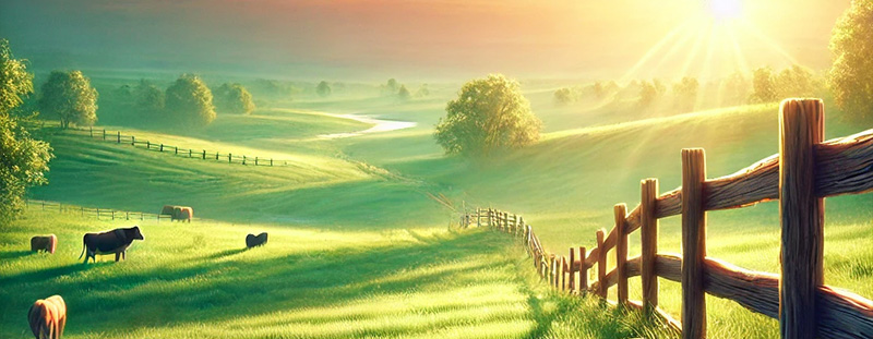A picturesque sunrise over a rustic farmhouse, representing the peace and gain found in godliness and contentment, inspired by 1 Timothy 6:6.
