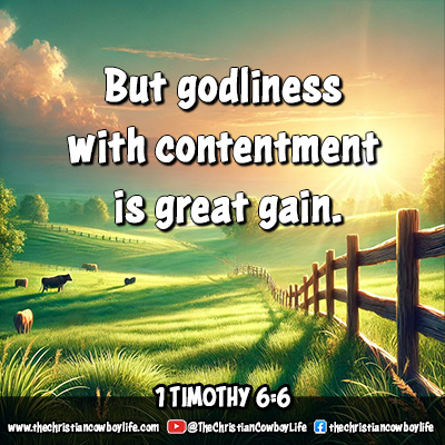 A serene countryside sunrise, symbolizing peace and godliness, with a rustic farmhouse on a hill surrounded by lush green fields, illustrating the message of contentment in 1 Timothy 6:6.