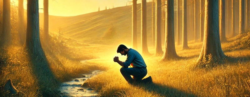 A peaceful countryside scene with a golden sunrise, symbolizing hope and reflection, representing 1 John 1:8’s theme of humility and truth before God.
