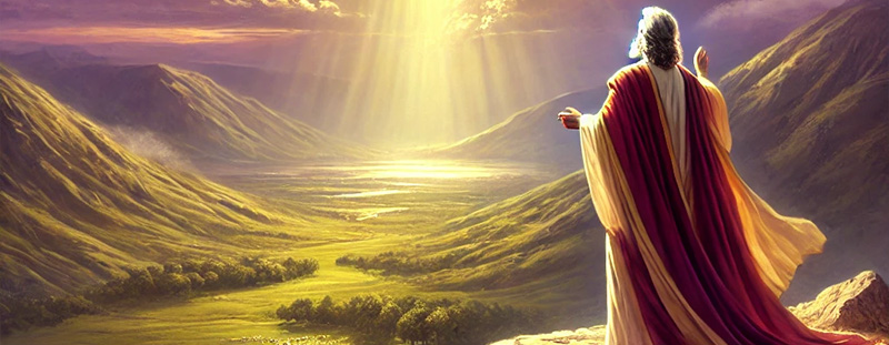 A majestic sunrise over a peaceful valley, with a prophet on a mountain looking heavenward as light shines through the clouds, symbolizing divine revelation.