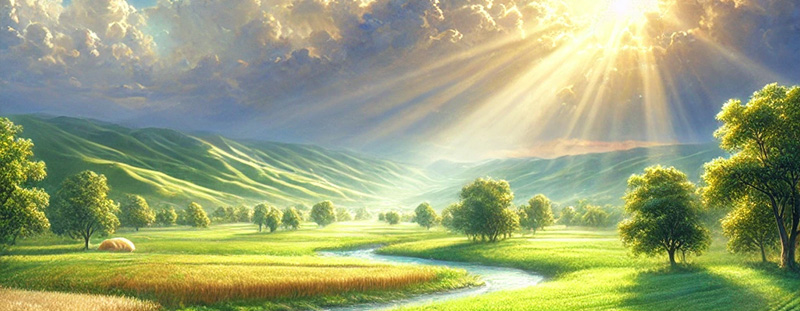 A realistic depiction of a fertile countryside with crops, rivers, and sunlight, emphasizing the abundant blessings described in Deuteronomy 28:12.