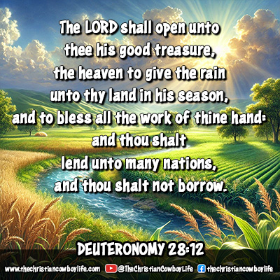 A serene countryside with abundant crops and sunlight breaking through the clouds, symbolizing God’s blessings and provision, as referenced in Deuteronomy 28:12.