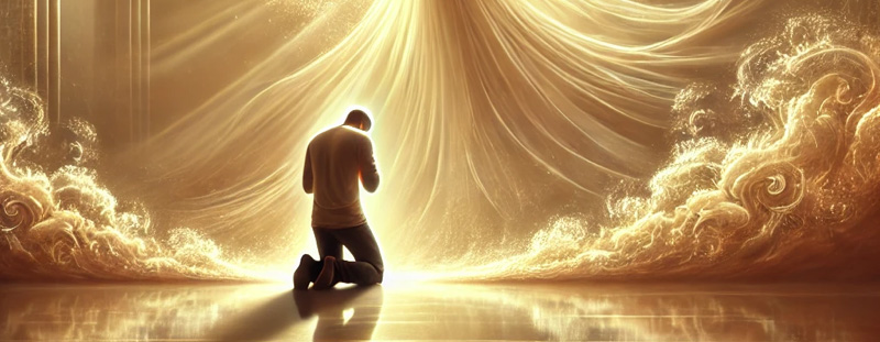 A man humbly kneels in prayer, illuminated by divine light, reflecting the spiritual devotion and surrender described in Ephesians 3:14.
