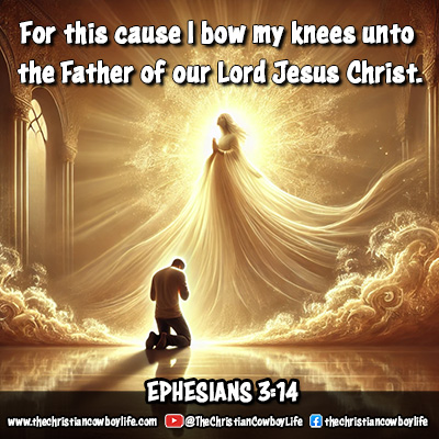 A man kneels in prayer before divine light, embodying humility and devotion, inspired by Ephesians 3:14, illustrating the act of bowing before God in reverence and surrender.