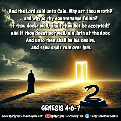 A depiction of Cain in a barren landscape under a dark sky with a glowing doorway in the distance, symbolizing God's invitation to redemption, with sin represented as a coiled shadow.