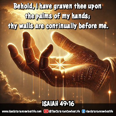 Isaiah 49:16 Bible verse image highlighting God's eternal care, with the verse engraved on His hands as a symbol of His unyielding love and protection.