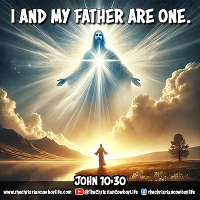 A serene countryside scene with a cross in the distance, symbolizing unity and strength. The verse reminds us of the divine connection between Christ and the Father.