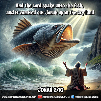 A vivid depiction of Jonah being released by a giant fish onto dry land, symbolizing God’s mercy and deliverance as described in Jonah 2:10. The image conveys hope and redemption through divine intervention.