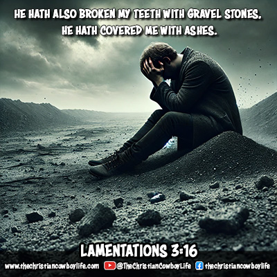 A powerful verse about suffering and resilience, showing a broken road with ash clouds. Symbolizing Lamentations 3:16.