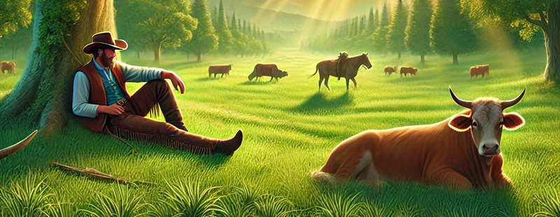 A calm rural setting with a sunrise over green fields and grazing cattle, representing the peace promised by God in Leviticus 26:6.