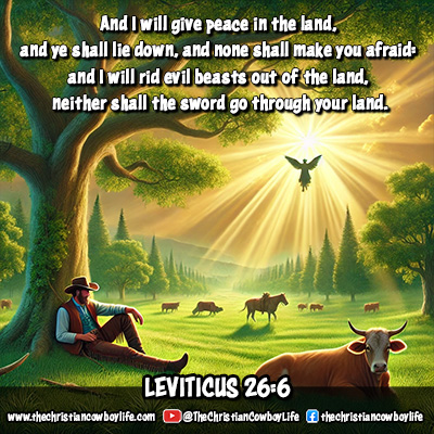 A peaceful countryside with grazing cattle under a warm sunrise, symbolizing God’s promise of safety and peace in Leviticus 26:6.
