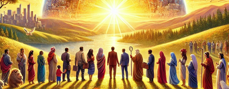A radiant sunrise over a hilltop with diverse people representing the unity of spreading God’s Word, inspired by Mark 16:15.