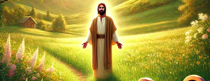 A peaceful landscape featuring a bright sky, a meandering path through green fields, and Jesus with open arms, symbolizing rest and light burdens as promised in Matthew 11:28-30.