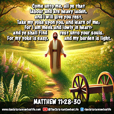 A serene countryside scene with Jesus standing invitingly with open arms, surrounded by blooming wildflowers and a wooden yoke resting nearby, symbolizing the peace and rest offered in the scripture.