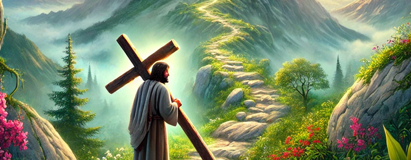 An image of a rugged path with a man carrying a cross, illustrating the message of Matthew 16:24 about self-denial and following Christ.