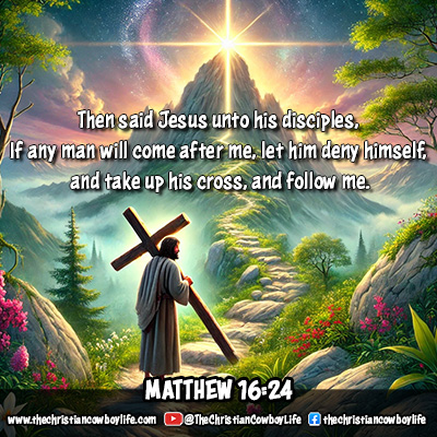 An image of a man walking up a rugged path with a cross on his back, symbolizing the message of self-denial and following Christ from Matthew 16:24.