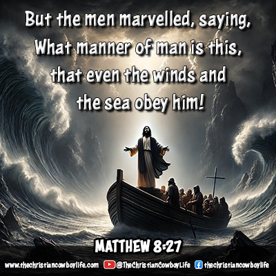 A depiction of Jesus calming a stormy sea, radiating peace and authority, as His disciples watch in awe. The image reflects the divine power and reassurance offered in Matthew 8:27.