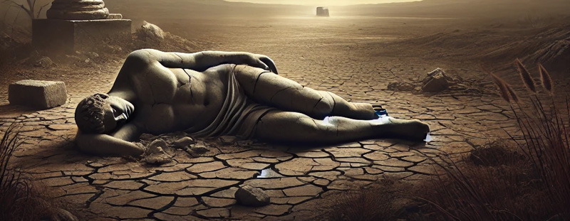 An image of a barren landscape under a dark, cloudy sky with a broken statue symbolizing corruption and moral decay, inspired by Psalm 14:1.