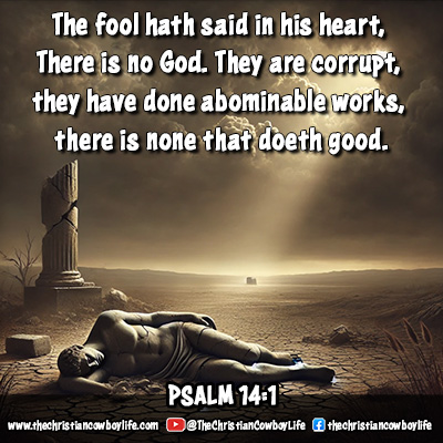 An image representing Psalm 14:1 with a broken statue in a barren, cracked landscape under a cloudy sky, symbolizing the denial of God and its effects.