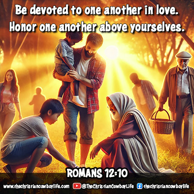 A cowboy helping another cowboy with a gesture of brotherly love, representing Romans 12:10, highlighting kindness, affection, and honor.