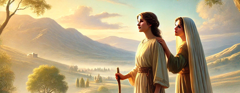 Ruth and Naomi walking together on a trail, symbolizing commitment, faith, and the love that binds them as they trust God’s plan.