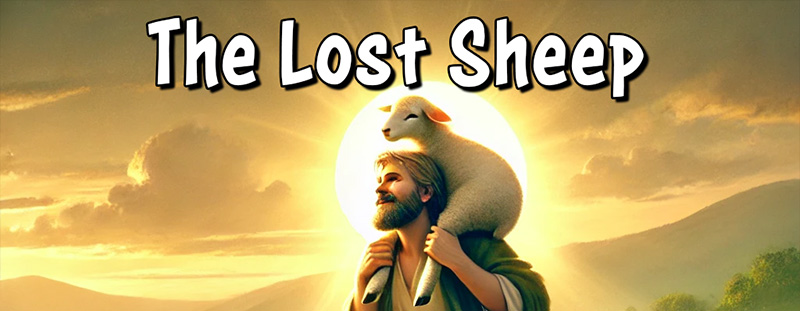 A serene pastoral scene of a shepherd joyfully carrying a lost sheep on his shoulders, symbolizing God's pursuit of the lost, inspired by Luke 15:3–7.