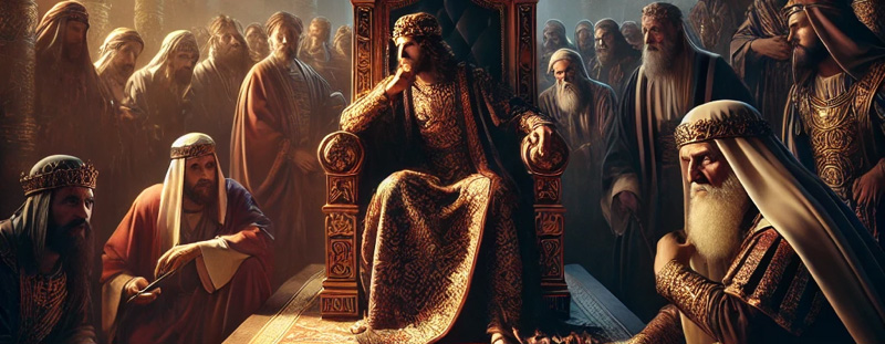 A dramatic scene showing a king in distress, symbolizing Herod’s reaction to the Messiah’s birth as described in Matthew 2:3.