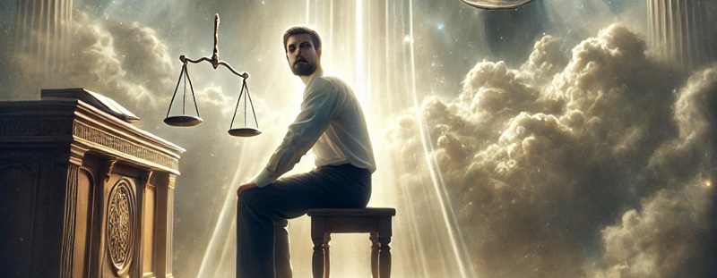 A moving illustration of Matthew 7:1, showing a man sitting in judgment with a divine figure above him, symbolizing God’s ultimate authority in judging.