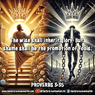 A symbolic representation of Proverbs 3:35, showcasing a figure walking a path of light toward a glowing crown, symbolizing wisdom and inherited glory, while another figure remains in darkness, burdened by chains, representing shame and folly.