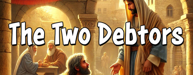 An ancient Middle Eastern village scene depicting a kind creditor forgiving two debtors, illustrating God’s mercy.