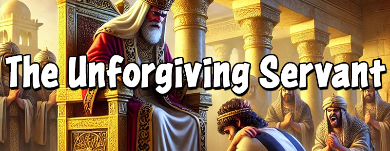 An artistic depiction of the parable of the Unforgiving Servant from Matthew 18:23-35. The image contrasts mercy and unforgiveness, showing a king pardoning a servant while the same servant refuses to forgive another.