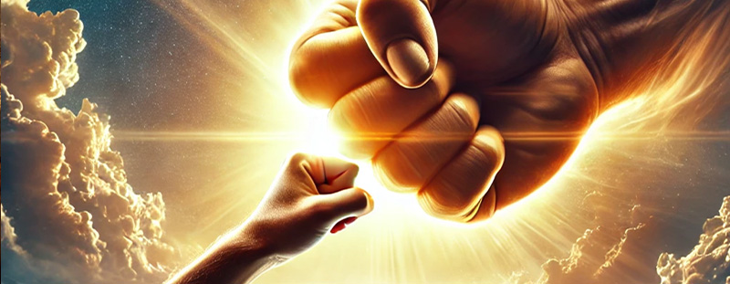 A glowing divine hand emerges from the sky, fist bumping a human hand on Earth, symbolizing God’s promise in Isaiah 41:10. This image represents faith, strength, and God’s unwavering presence in our lives.