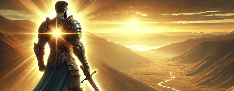 A mighty warrior stands on a mountaintop at sunrise, symbolizing strength and faith. The golden light surrounding him represents God’s guidance and unwavering presence.