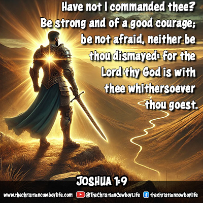 A warrior stands on a mountain peak at sunrise, clad in ancient armor with a glowing aura. The golden light represents God’s strength and presence, reinforcing the verse’s message of courage and divine guidance.