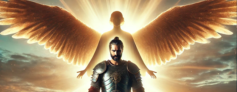 A divine encounter at sunrise—an angel of the Lord appears before a warrior, radiating heavenly light. The warrior, dressed in ancient armor, looks humbled yet strengthened, symbolizing faith and courage. This image embodies the message of Judges 6:12, where God calls His people to rise in strength, despite their doubts.