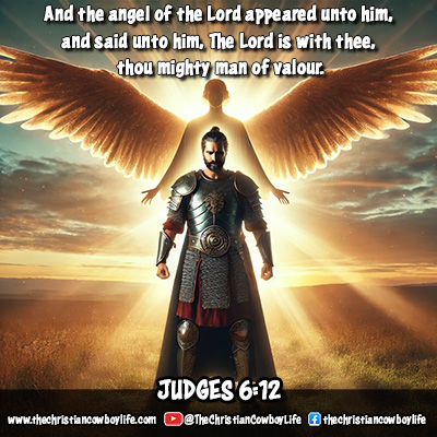 A powerful warrior stands in a golden field at sunrise, facing a radiant angel who appears before him. The angel’s divine glow symbolizes God’s presence and calling. The warrior, dressed in ancient armor, looks both strong and humble, representing faith and courage in the face of life’s battles. This image captures the strength and reassurance found in Judges 6:12.