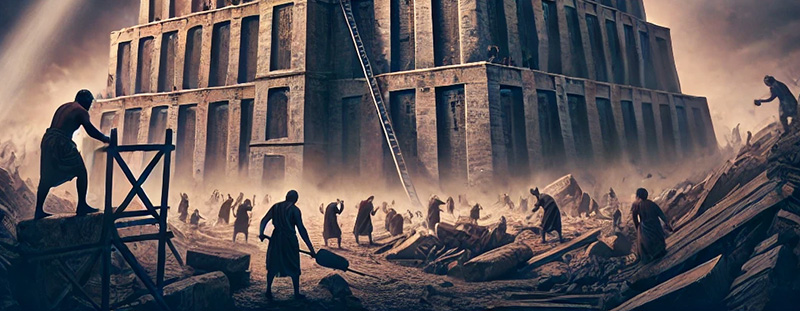 A striking illustration of the Tower of Babel with workers in confusion as storm clouds loom and heavenly light intervenes. The image reflects the message of Romans 1:22, portraying the downfall of human arrogance when it tries to surpass divine authority.