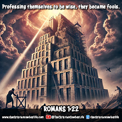 A dramatic depiction of the Tower of Babel under construction, with workers frantically building upwards while dark storm clouds gather above. A bright heavenly light begins to scatter the people below, symbolizing divine intervention and the futility of human wisdom without God.