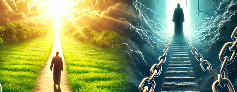 A symbolic image portraying the choice between sin and righteousness. A bright path leading toward heavenly light contrasts with a darkened, shadowy road representing spiritual bondage. Inspired by Romans 6:16, this image encourages deep reflection on who we truly serve.