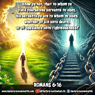 A dramatic scene depicting two paths: one leading into radiant golden light, symbolizing obedience to God, and another descending into darkness, representing the bondage of sin. The image visually captures the message of Romans 6:16—whoever we choose to obey becomes our master.