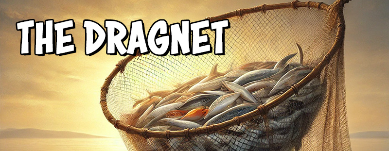 A net at the beach, filled with fish, with more fish swimming in the water, representing the gathering of souls as described in the parable of the dragnet. A visual reminder of the final judgment and God’s call to all.