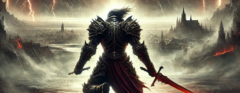 A dark, apocalyptic storm with crackling lightning hovers over a massive city while a strong warrior kneels in the foreground, gripping his sword. The scene reflects the prophetic urgency of Zephaniah 1:14, warning of the coming day of the Lord.