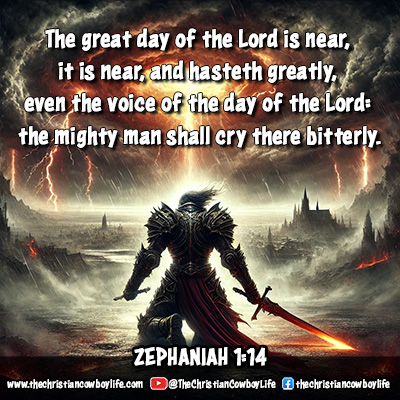 A dramatic storm looms over a great city, lightning crackling across the sky as a mighty warrior kneels in the foreground. The intense scene visually represents the urgency and power of Zephaniah 1:14, reminding believers of the coming day of the Lord and the need for repentance.