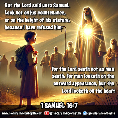 A young shepherd stands in a sunlit field, his heart glowing with divine light as God’s presence shines upon him. In the background, taller, stronger men are being overlooked, representing how God chooses based on the heart, not outward appearance. This image visually captures the message of 1 Samuel 16:7.