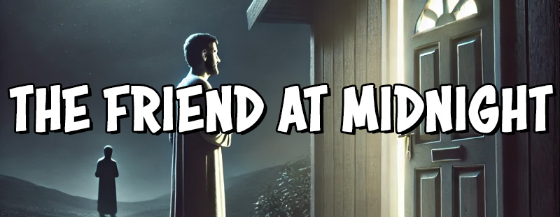 A man knocks at his friend’s door in the quiet of night, embodying the persistence in prayer taught in the Parable of the Friend at Midnight (Luke 11:5-8).