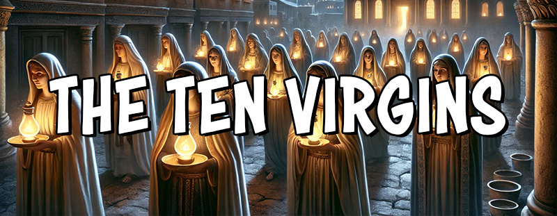 A dramatic biblical scene portraying the Parable of the Ten Virgins (Matthew 25:1-13). Five wise virgins hold brightly lit oil lamps, symbolizing preparedness and faith, while five foolish virgins have dim or unlit lamps, representing spiritual neglect.