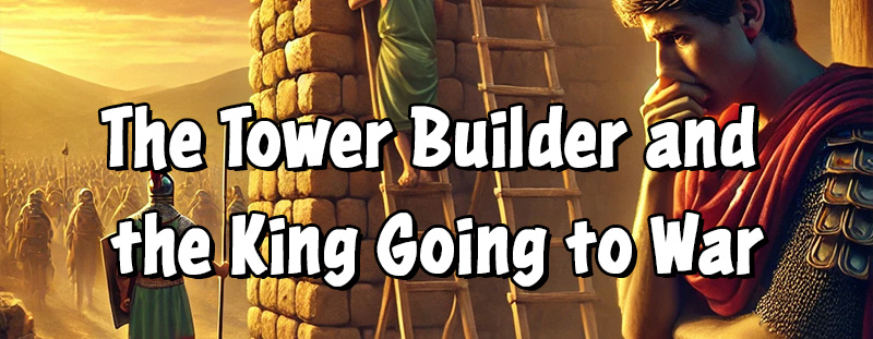 A biblical scene illustrating Luke 14:28-33, where a man struggles to complete a tower while a king contemplates war, symbolizing the cost of discipleship.