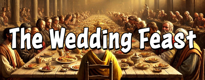 A banquet with many men, some sitting at the head of the table, representing the parable of the Wedding Feast, highlighting humility and generosity.