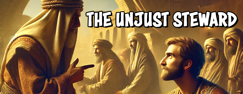 An artistic depiction of the Parable of the Unjust Steward from Luke 16:1-13, showing a wealthy master confronting his steward while debtors shake hands in the background, symbolizing shrewdness and preparation.