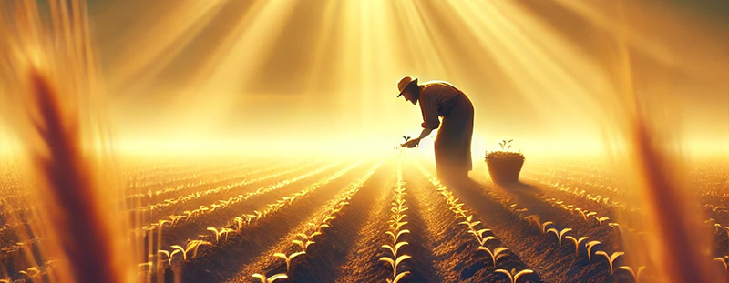 A worn wooden cross with a cowboy hat tilted on top, set against a golden field at sunset. This image represents faith, endurance, and God’s promise of a rewarding harvest for those who do not give up.